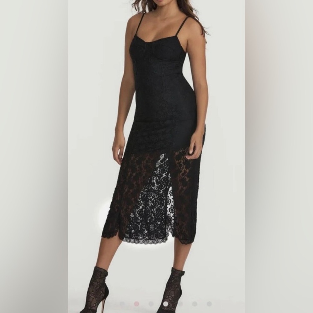 LoveShackFancy Elegant Black Lace Midi Slip Dress. Sima Lace Dress.
